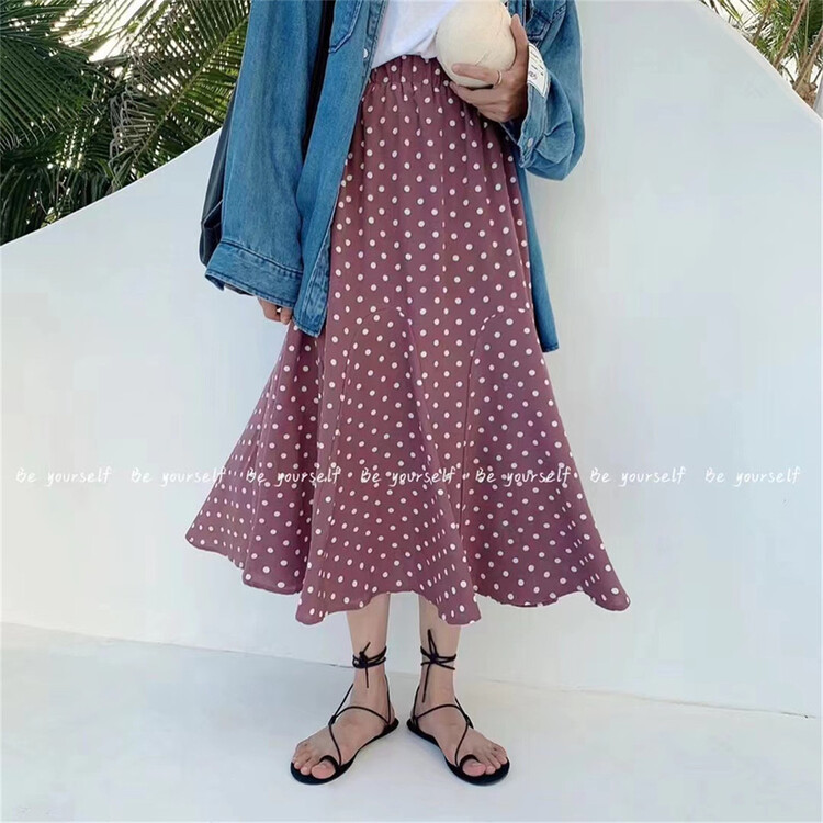 Original price 73.32! New year in early spring! [be your self] elastic waist wave dot print skirt q66055# LSL