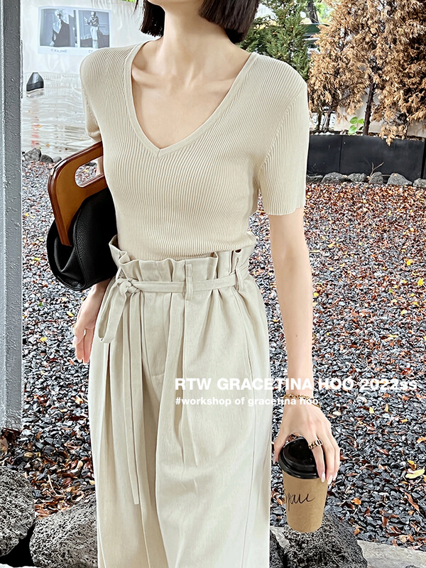 New in early summer! [gracetina Hoo] solid V-neck thin short sleeve T-shirt z761# zxl