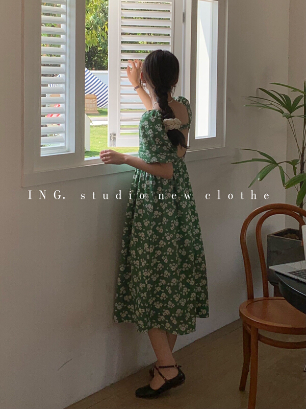 New in early summer! [ing] small Sexy French square neck backless Decor dress 6952# HBx