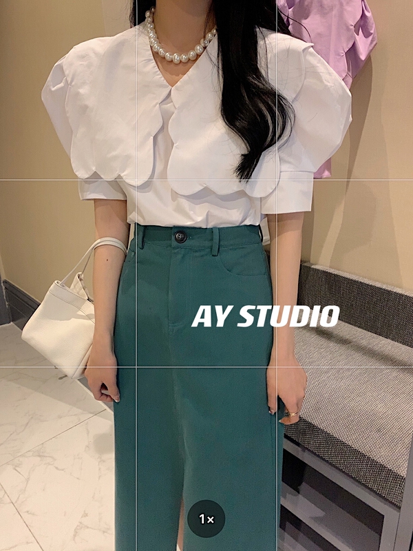 Original price 84.60! [ay studio] Korean lady doll neck short sleeve shirt 66763-1# zxx