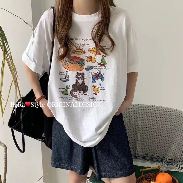 [rara] cat print fashion short sleeve T-shirt 19116-17# LSL