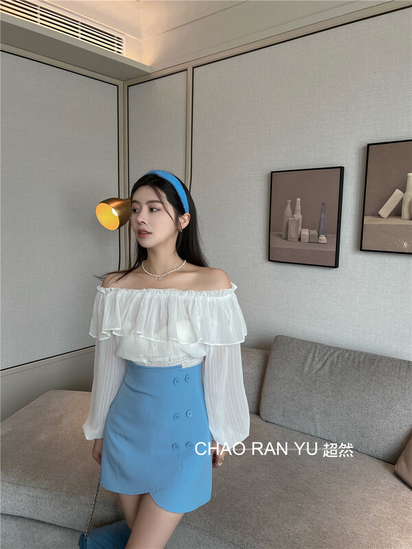 [Cr] French style one shoulder lotus leaf chiffon blouse 6089# PCZ