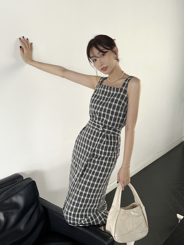 [context sense] Vintage Plaid suspender Vest + slim skirt two piece suit tts1430# CLS