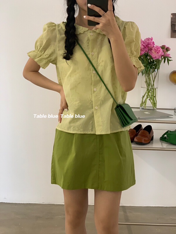 [table blue] Korean bubble sleeve single breasted shirt 2133# LSW
