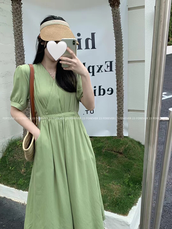 [forever23] Korean bubble sleeve waist V-neck dress q2055# hjy