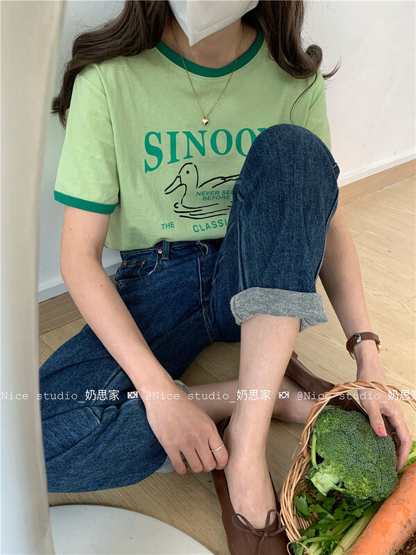 [naisijia] Korean color contrast collar versatile printed short sleeve T-shirt 9970# zjy