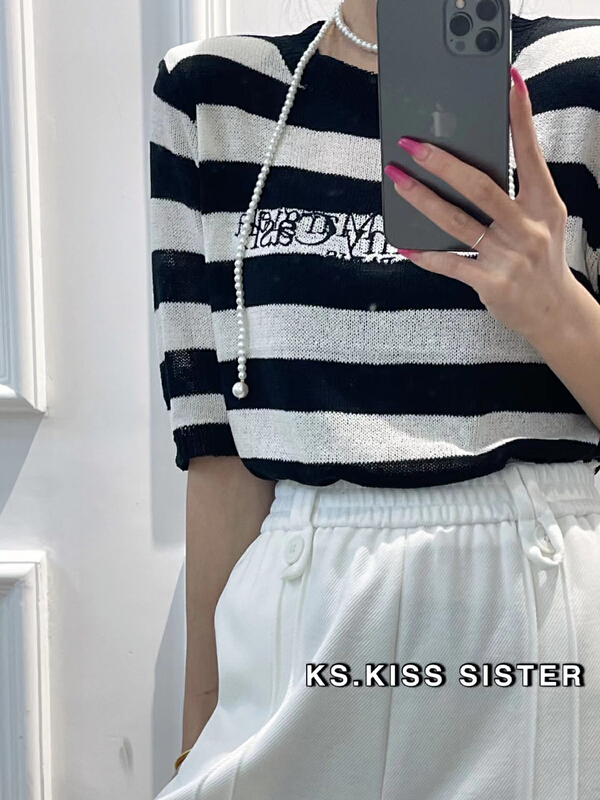 [KS] Korean letter stripe short sleeved sweater 20077# ozq