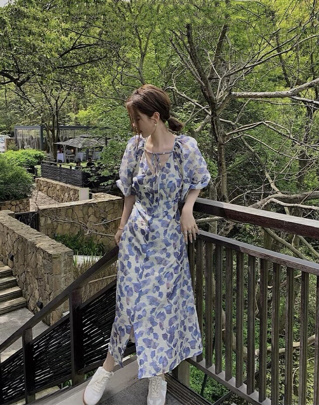 [savage] French retro V-neck lace up bubble sleeve floral dress e8112# WPL