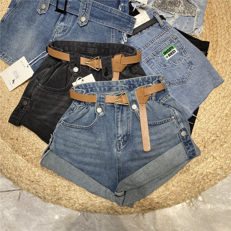 [Han Xier] Korean fashion slim hem denim shorts (with belt) 2309# HBx