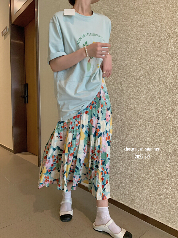 [choco] holiday style pleated floral skirt 8225# HBx