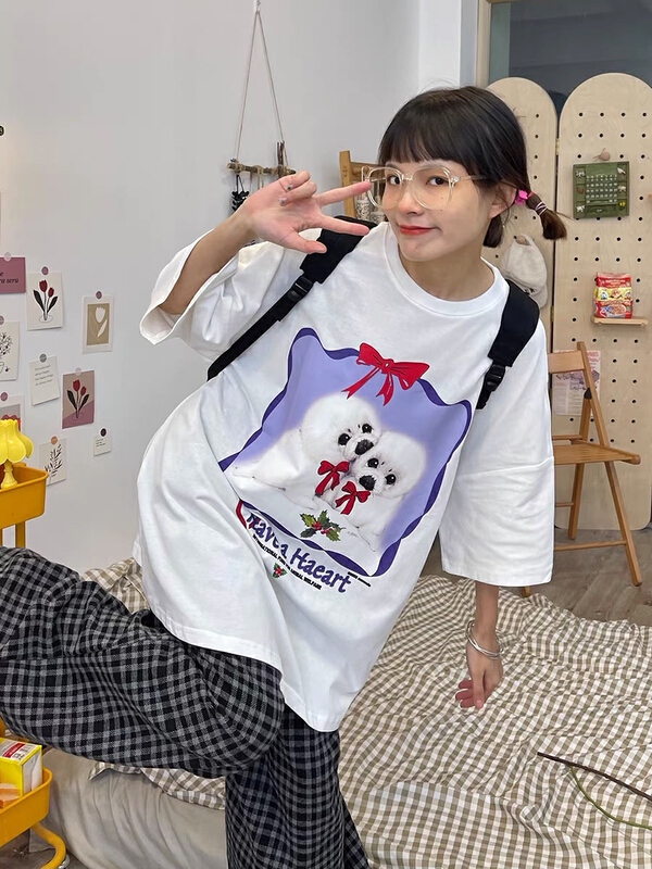 New in early summer! [lab eeda] puppy loose children's fun print casual Pullover short sleeve T-shirt 2966# ozq