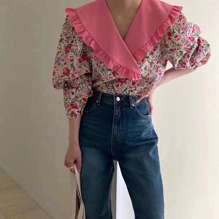 [K2 design] Korean contrast large lapel vintage floral shirt s36# WTT