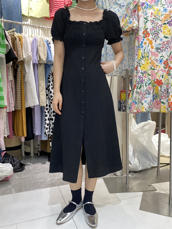 [wink. U] square neck bubble sleeve single breasted dress 8938# CSX