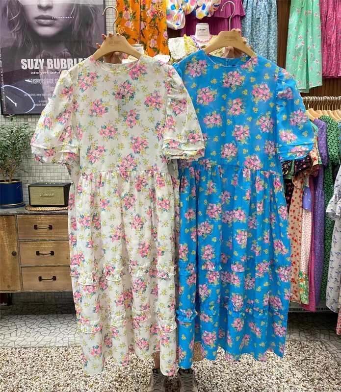 New in early summer! [N21] vintage fashion floral bubble sleeve dress 8005# WPL