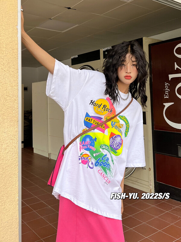 [fish Yu] Korean pattern printed round neck short sleeve T-shirt 22005# LSL