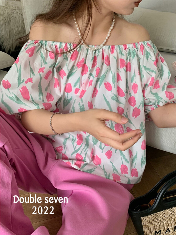 [double seven] gentle style off the shoulder Print Shirt ys1-28651# zxx