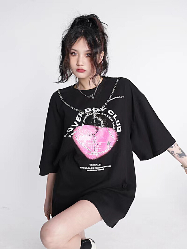 [oeeprast] Love Print crew neck loose short sleeve T-shirt (with chain) 1997# Cl