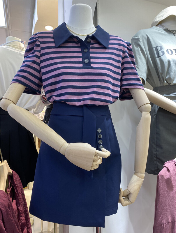 [8090] stripe comfortable Korean Short Sleeve T-shirt (T-shirt only) 2096# ll