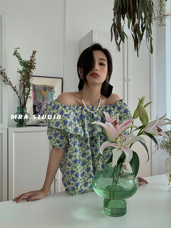 New in early summer! [MRA] Korean small fresh broken flower shirt with one shoulder l1098# zxl