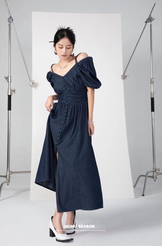 [Mumu sea] Korean V-neck button up bubble sleeve denim dress 2338# zxl