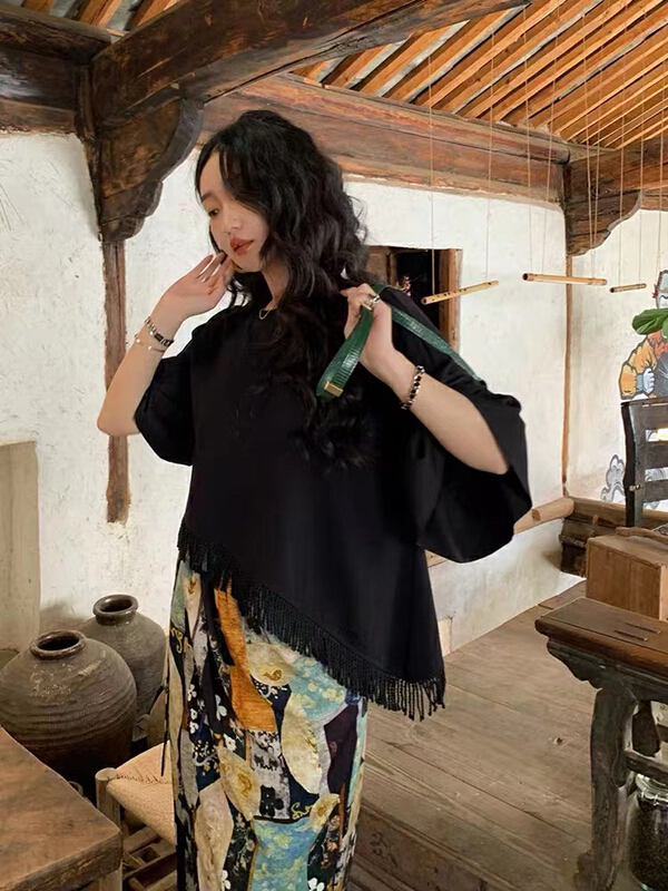 [are studio] design sense irregular tassel splicing short sleeve T-shirt 81210# zxx