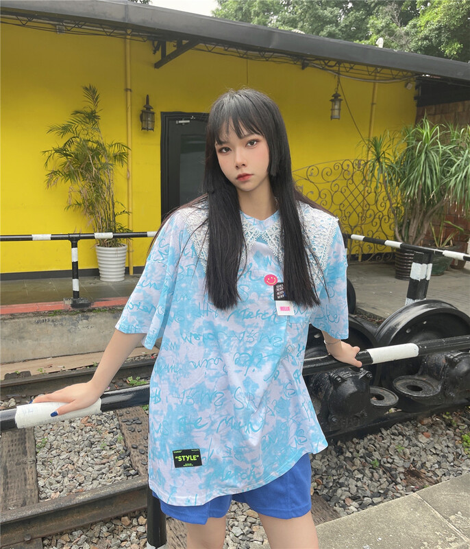 【YLANVO】個性圖案寬鬆蕾絲邊貼標短袖T恤  6192#  CQW