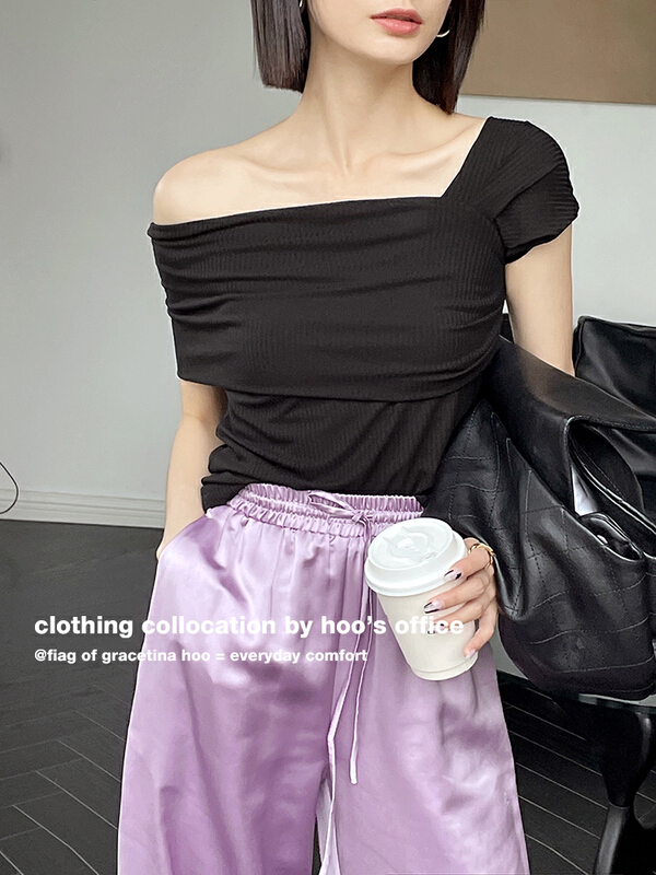 [gracetina Hoo] French pile neck off shoulder short sleeve T-shirt t2134# zxl