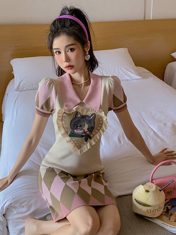 [pan] Daimeng little milk cat embroidery knitted dress 00489# PCZ