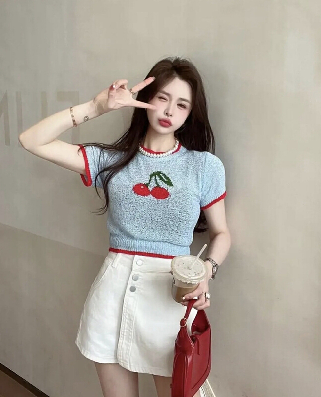 [JH] early summer Shangxin net red cherry knitted short sleeve + washed denim skirt suit (suit only) 41656# PCZ