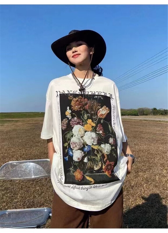 [QIANJIAO] oil painting trend printing short sleeved T-shirt (excluding necklace) 6697# PCZ