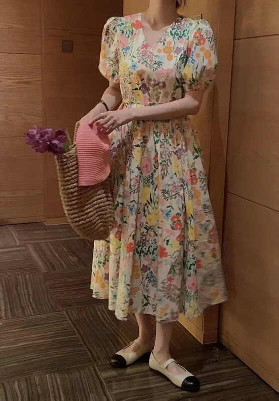 goods in stock! [RS] V-neck floral lady dress xl1013# XYY