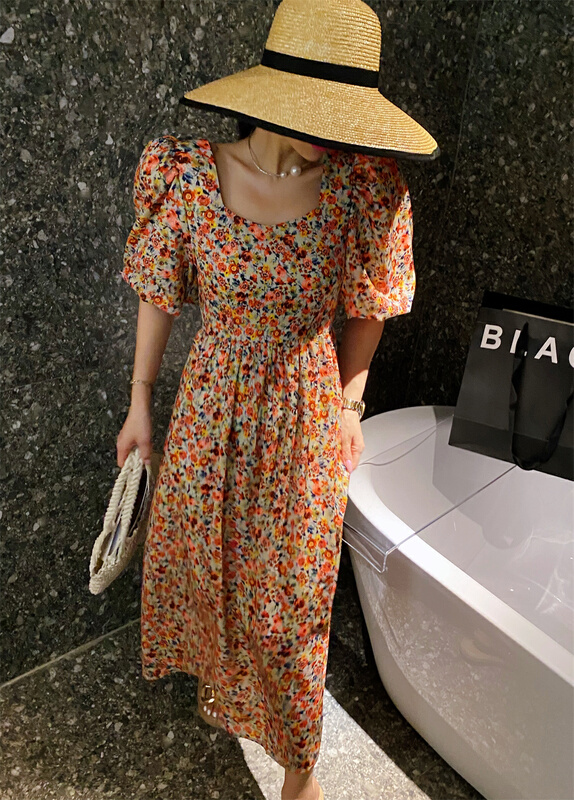 goods in stock! New in early summer! [yixuanru] Korean slim floral bubble sleeve dress 9280# ozq