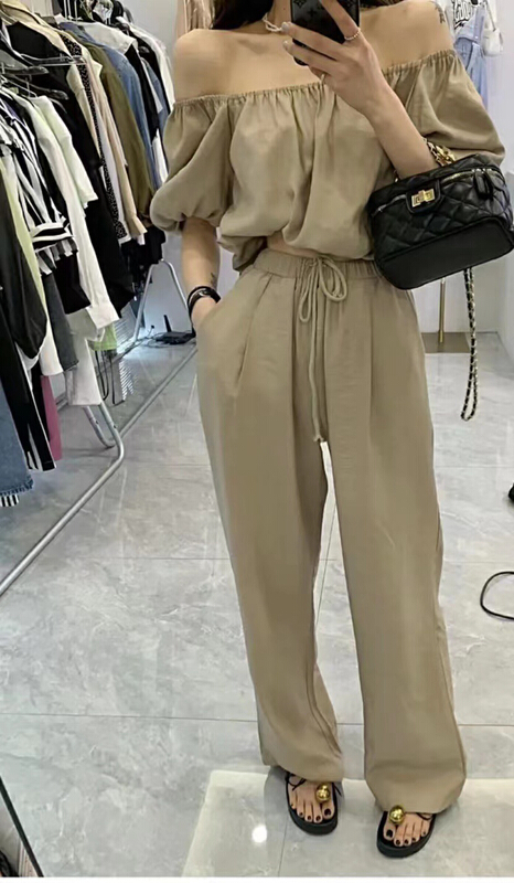 New in early summer! [mi ni] off shoulder style blouse + elastic waist straight casual pants set 2830# PCZ