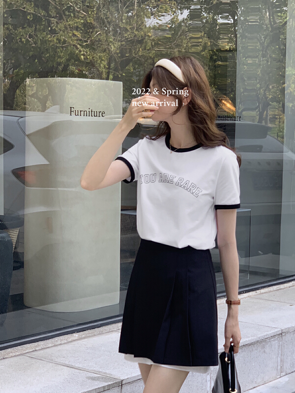 [T.G] contrast round neck letter short sleeve T-shirt 17293# cqw