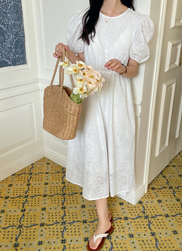 [come and see] crew neck back hollowed out bubble sleeve dress 3133# JJ
