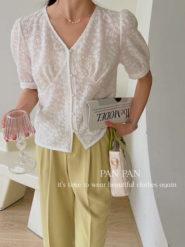 [Panpan] Korean soft lace breasted bubble sleeve blouse 3295# cqw