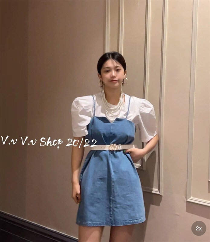 [v.v] Korean solid color loose suspender dress (with waistband) (excluding inner lap) 7221# cqw