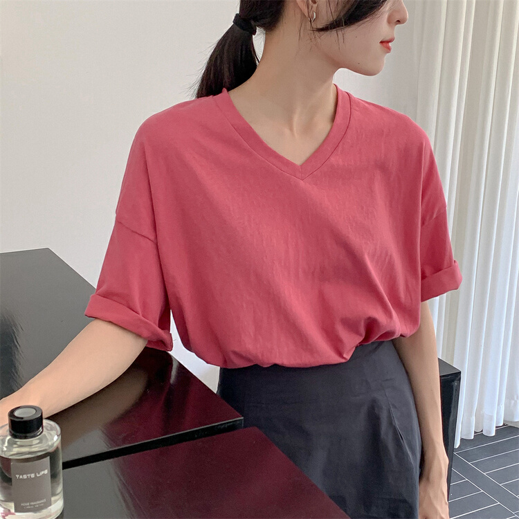 [chocolate] Korean style versatile V-neck split short sleeve T-shirt 9252# CSX