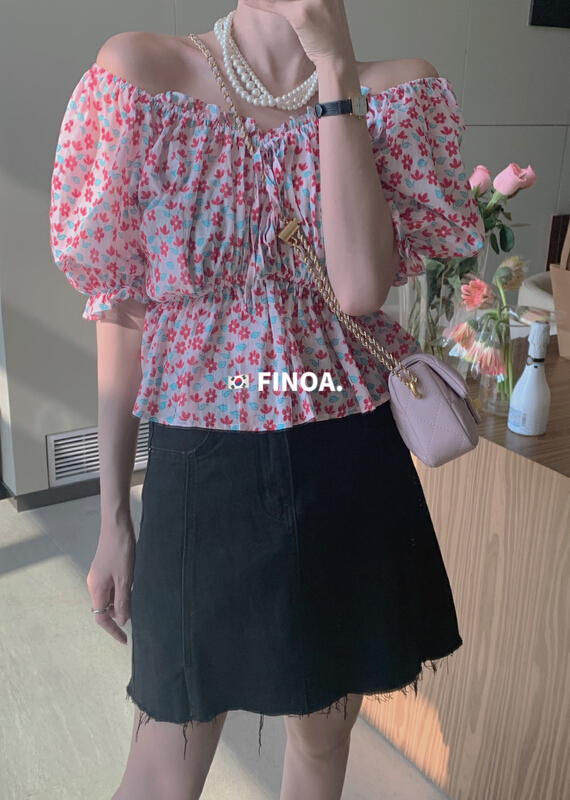 [finoa] Korean broken flower waist short chiffon shirt 10383# CLS