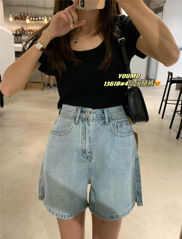 [Youmo] Korean slim solid denim shorts 13618 blue 13618-1 black # LSL