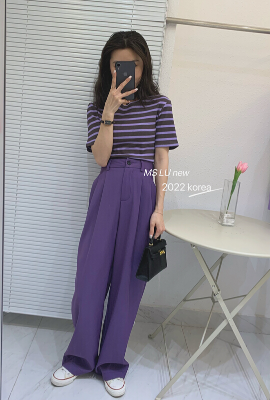 goods in stock! New in early summer! [xiaokoujia] Korean striped short sleeved T-shirt + high waist straight casual trousers set 80238-1# WTT
