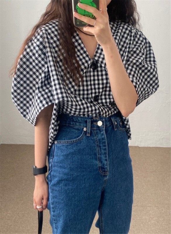 [June 6th] college style Navy collar plaid shirt 2363# WPL