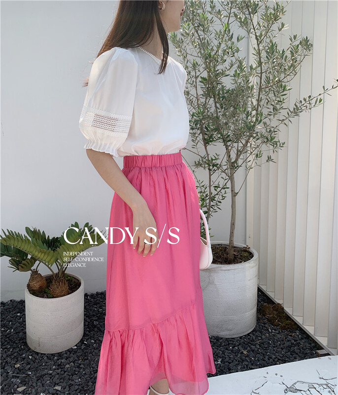 [candy] Korean round neck bubble sleeve shirt (with pearl chain) 8171# zjy