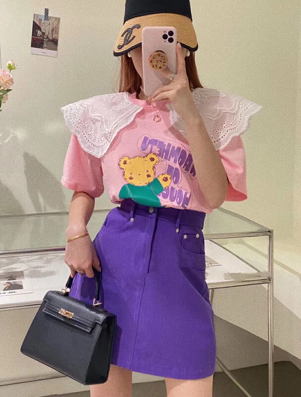 [wlady] Korean lace stitched niche short sleeve T-shirt 377# WTT