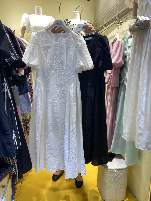 [Sumi] French round neck bubble sleeve Jacquard Dress 22603# zjy