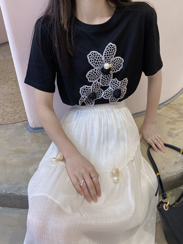[twins] Korean design screen flower three-dimensional small pearl short sleeve T-shirt 3016# hjy