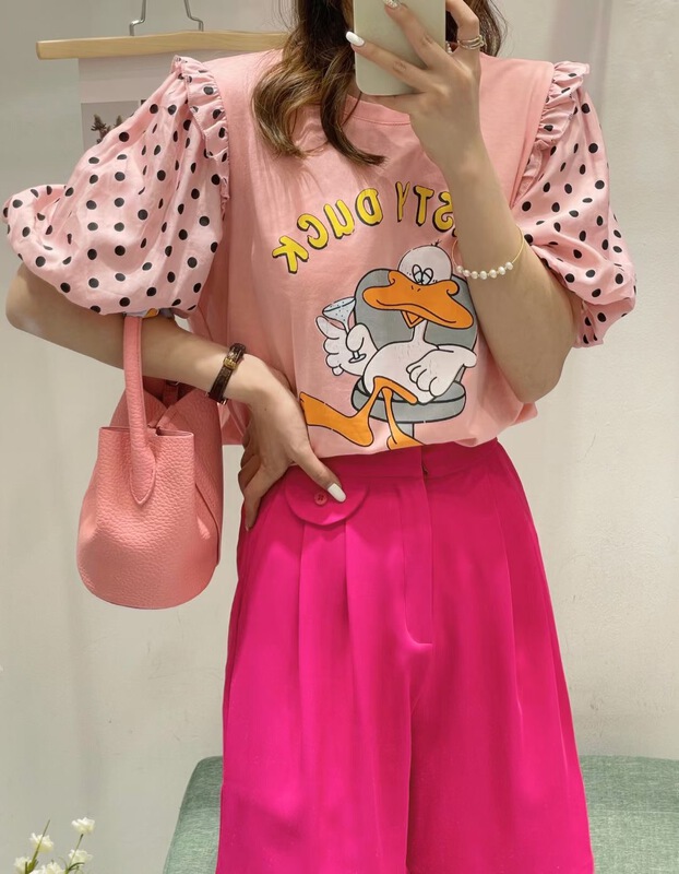 Original price 42.86! [ya. Mei] round neck splicing fashion short sleeve T-shirt 8386# ll