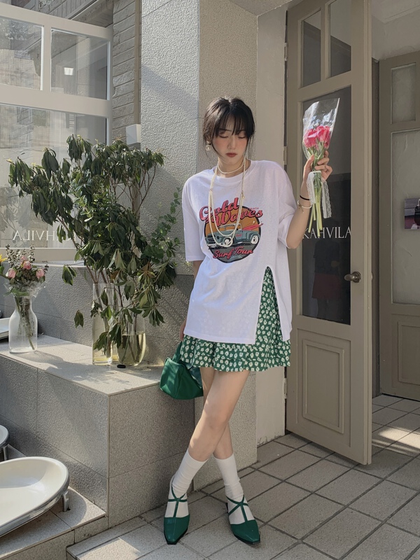 [meet + studio] crew neck loose print short sleeve T-shirt 52391# LSL