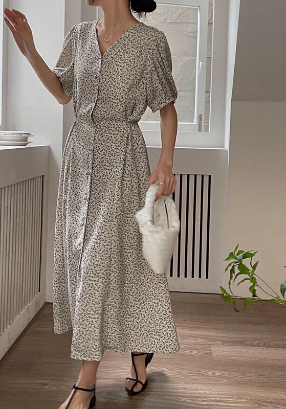 [soul] V-neck temperament waist cut floral dress at18175222l# CLS