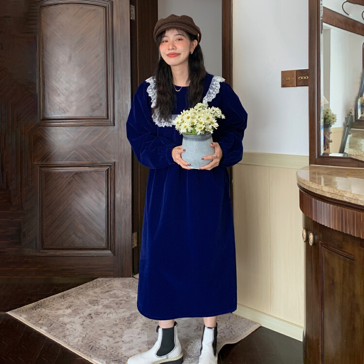 New year in early spring! [timely rain] retro velvet stitching minority design, slim bubble sleeve dress 56552# YYW